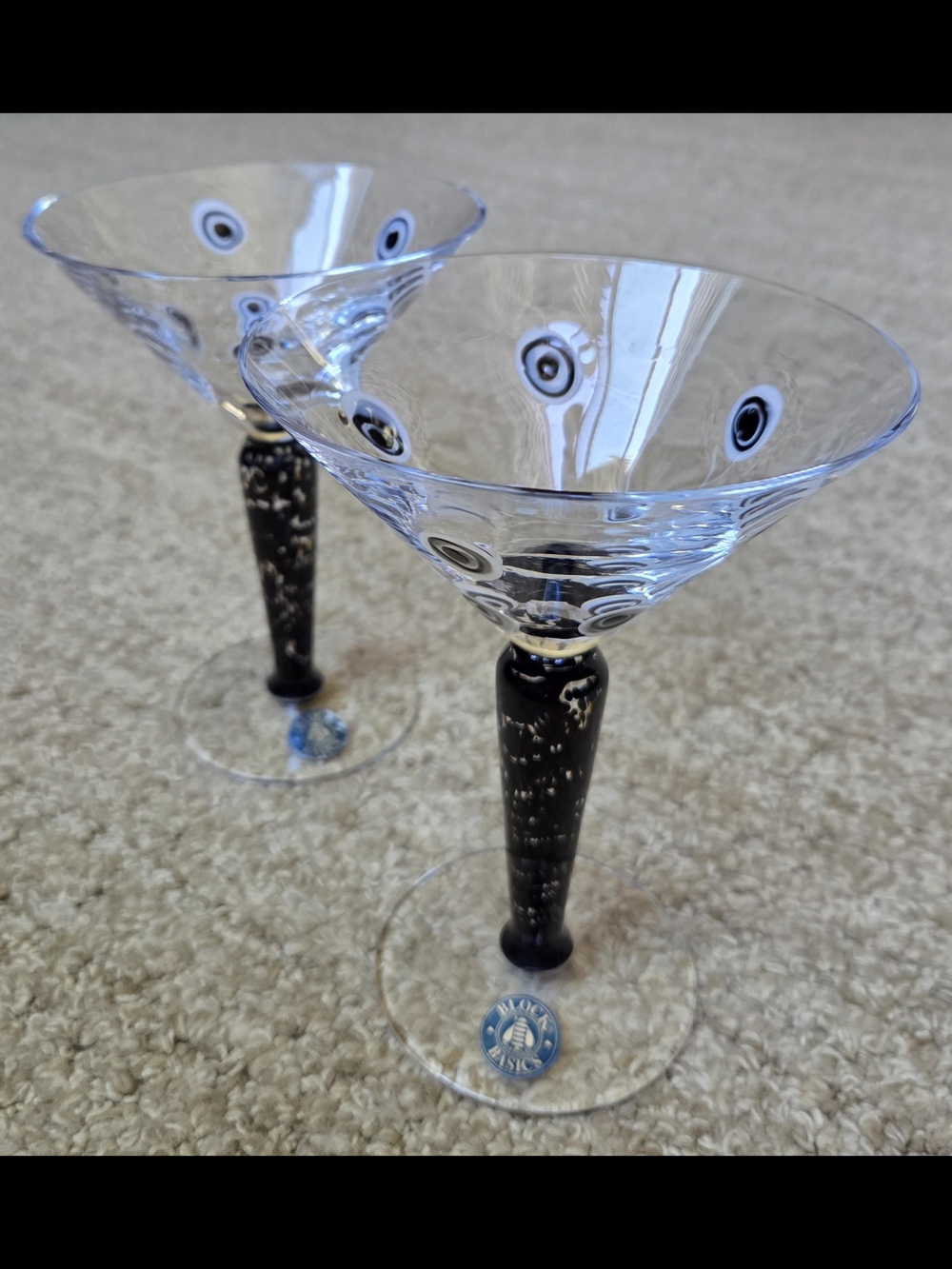VTG Artisan Handblown Black & White Martini Glasses with Speckled Stems Portugal